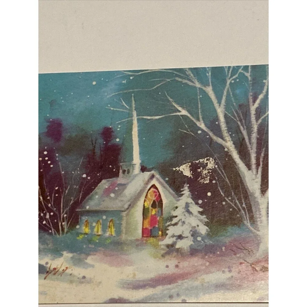 Vintage Mid Century Christmas Greeting Card CHURCH SCENE AT NIGHT Snow Holiday